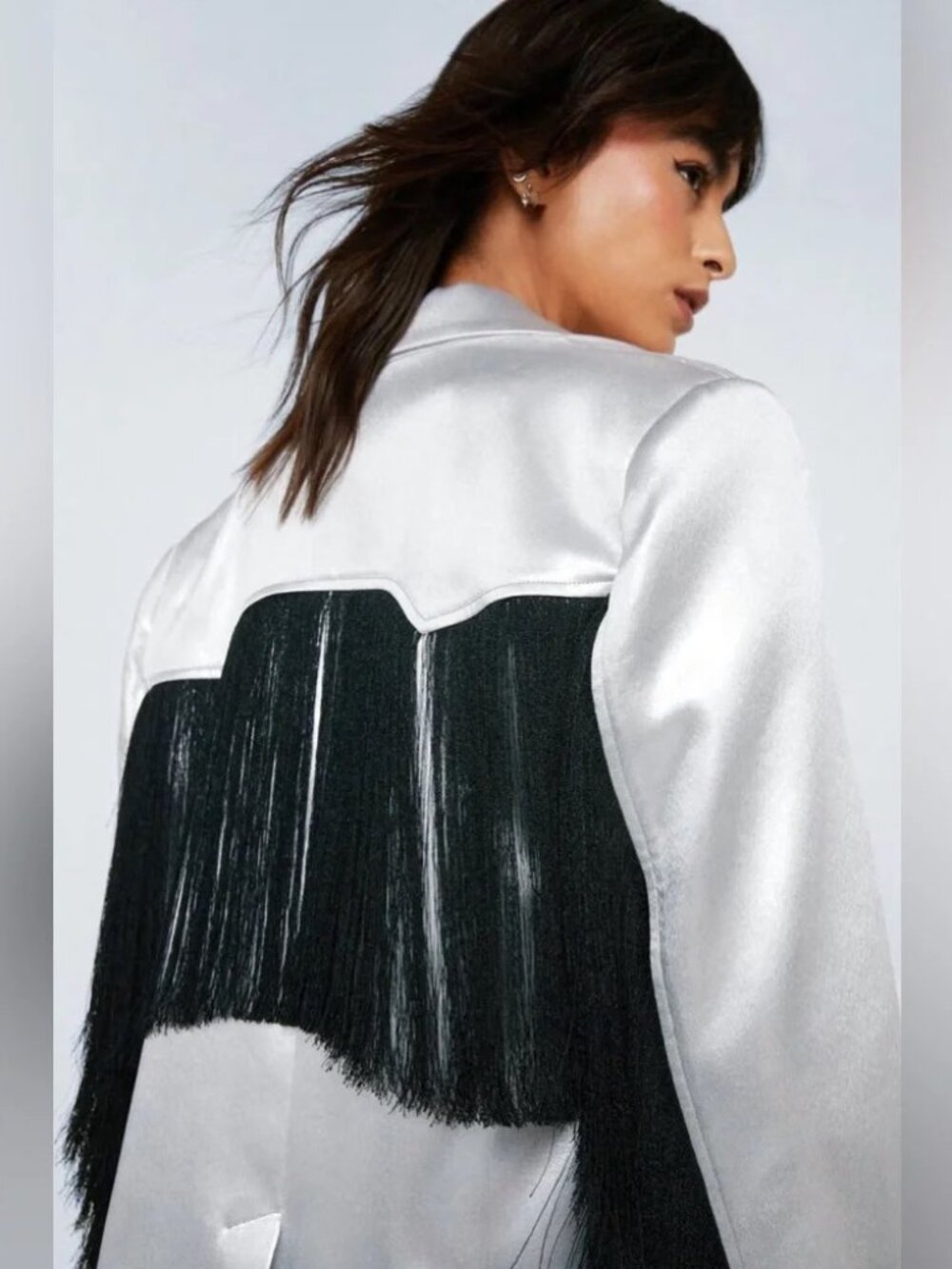 Shiny Silver Nasty Gal Premium Metallic / Black Fringe Statement Blazer Jacket